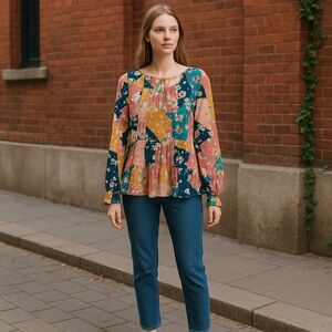 ANDREE BY UNIT Multicolor Patchwork Long-Sleeve Tiered Floral Peasant Top